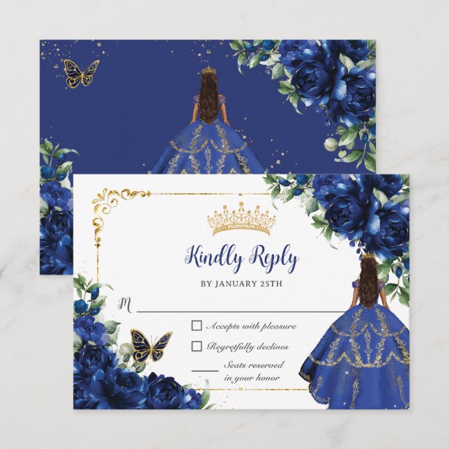Royal Blue Butterflies Princess Gold Quinceañera RSVP Card (Front/Back)