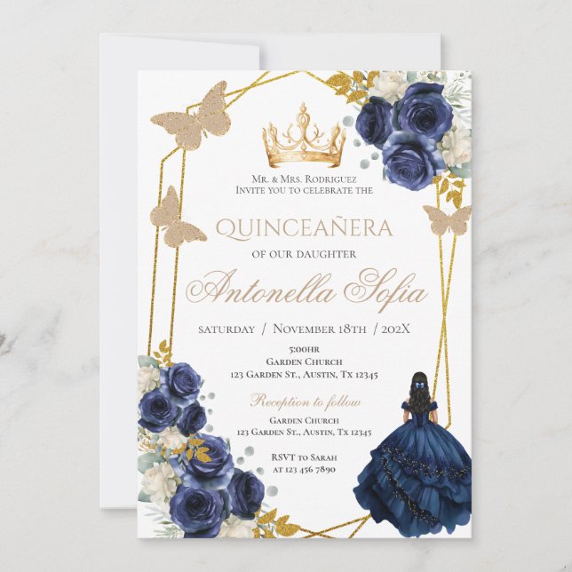 Royal Blue Butterflies Quinceanera Invitation (Front)