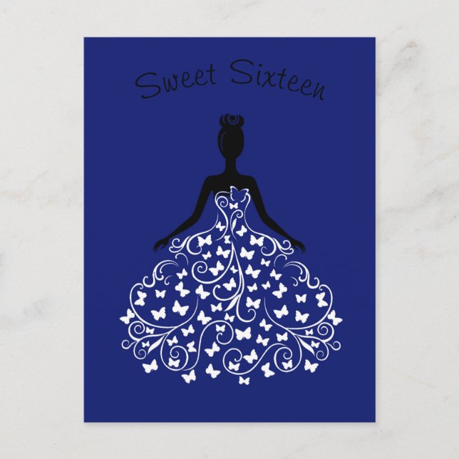 Royal Blue Butterfly Gown Sweet Sixteen Invitation (Front)