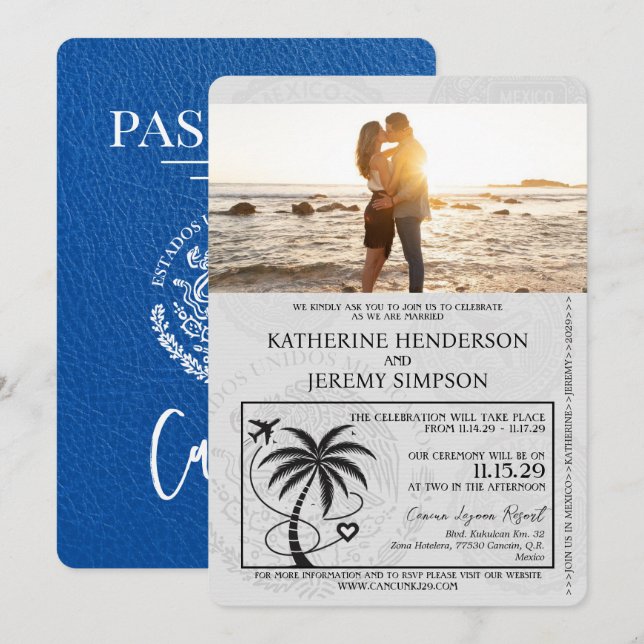 Royal Blue Cancun Passport Wedding Invitation (Front/Back)