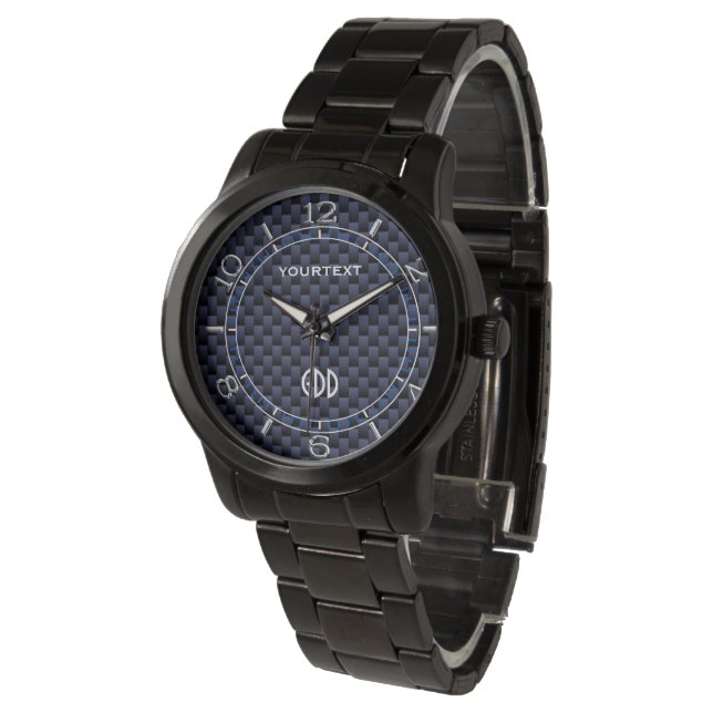 Royal Blue Carbon Fibre Style Personalized Dial Watch (Angled)