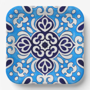 Royal Blue Ceramic Classic Geometric Mosaic  Paper Plate