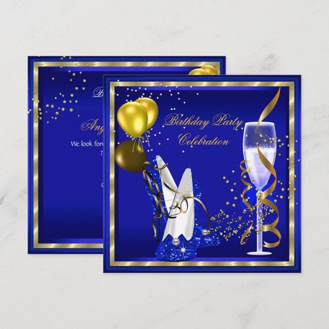 Royal Blue Champagne Gold Glitter Birthday Party Invitation (Front/Back)