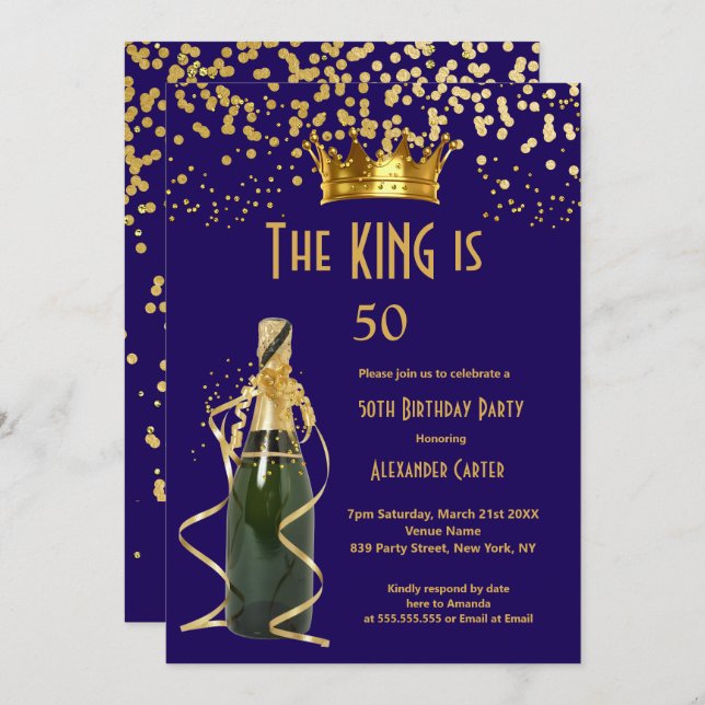 Royal blue Champagne men’s king birthday Party Invitation (Front/Back)