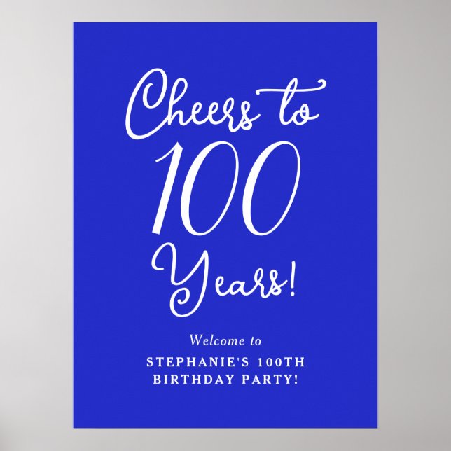 Royal Blue Cheers to 100 Years Birthday Welcome Poster (Front)
