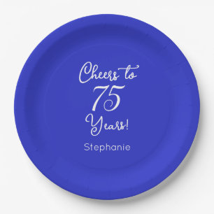 Royal Blue Cheers to 75 Years 75th Birthday Paper Plate