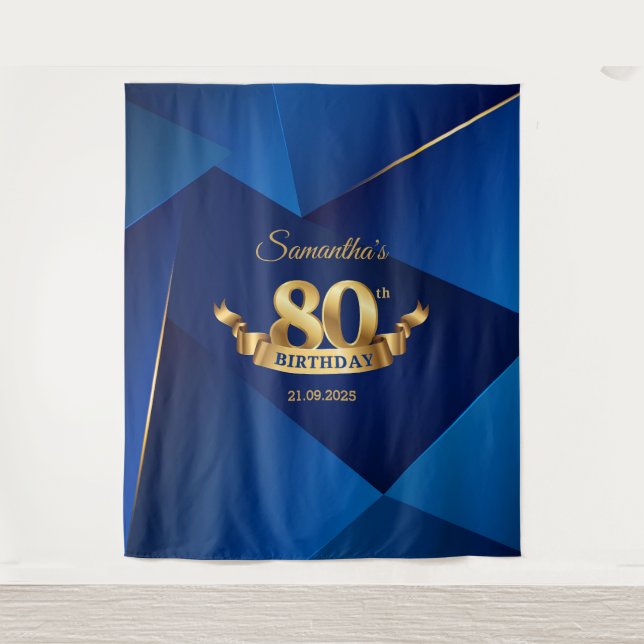 Royal blue chic modern 80th birthday backdrop tapestry (Front)