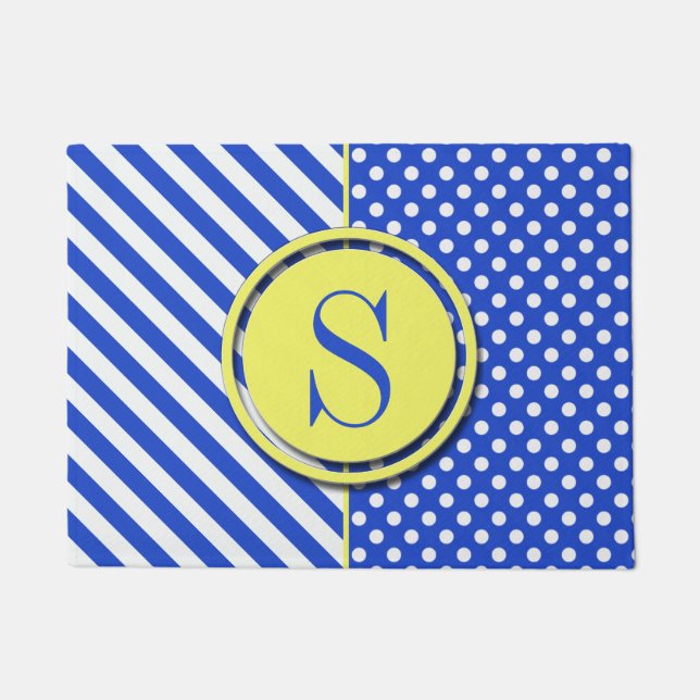 Royal Blue Combination Polka Dots And Stripes Doormat (Front)