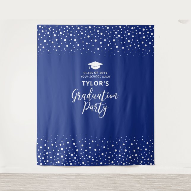Royal Blue Confetti | Graduation Party Backdrop Tapestry (Front)