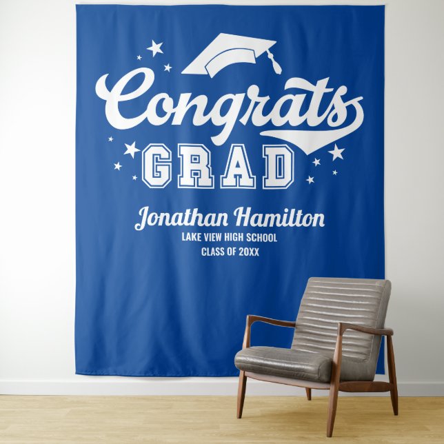 Royal Blue Congrats Grad Graduation Backdrop Tapestry (In Situ)