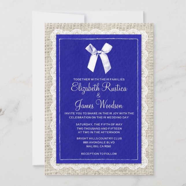 Royal Blue Country Burlap Wedding Invitations (Front)