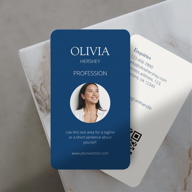 Royal Blue & Creamy Ivory Photo Social QR Code  Business Card (Creator Uploaded)