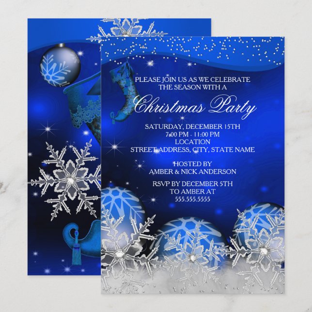 Royal Blue Crystal Snowflake Christmas Party Invitation (Front/Back)