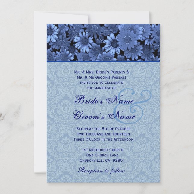 Royal Blue Daisy Damask Wedding Invitation (Front)