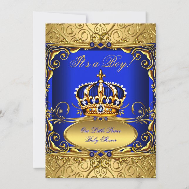 Royal Blue Damask Gold Crown Baby Shower Boy RB2 Invitation (Front)