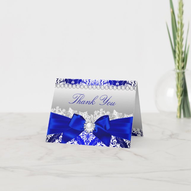 Royal Blue Damask & Pearl Bow Thank You Card (Front)
