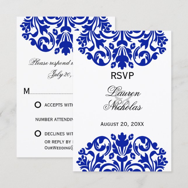 Royal Blue Damask RSVP Reply Card (Front/Back)