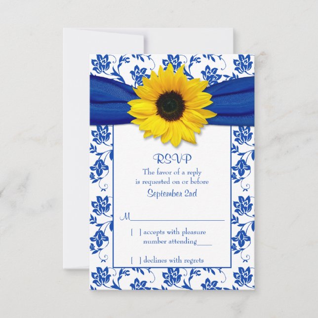 Royal Blue Damask Sunflower Wedding Carte RSVP (Devant)