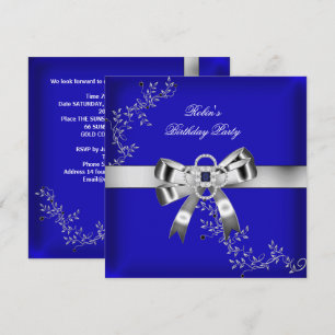 Royal Blue Diamond Jewel Silver Bow Invitation