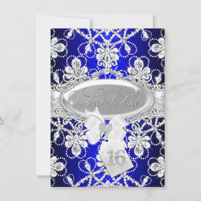 Royal Blue Diamond Tiara Princess Sweet 16 Invite (Front)