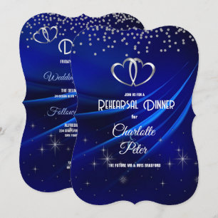 Royal Blue Diamonds & Hearts Rehearsal Dinner  Invitation