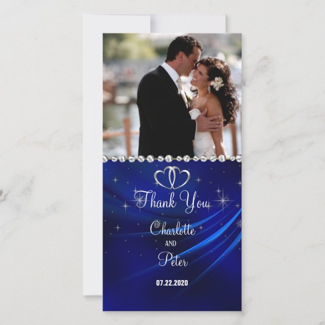 Royal Blue Diamonds/Hearts Thank You Photo Card (Front)