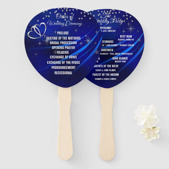 Royal Blue Diamonds & Hearts Wedding Program Fan (Front and Back)