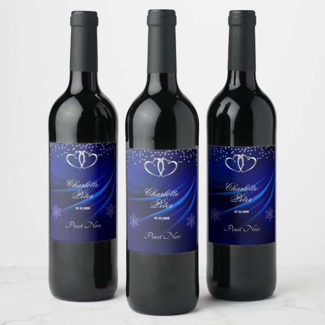 Royal Blue Diamonds/Hearts Wedding Wine Label (Bottles)