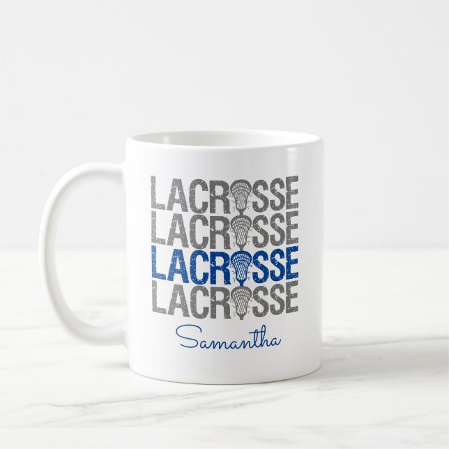 Royal Blue Distressed Lacrosse Word Coffee Mug (Left)
