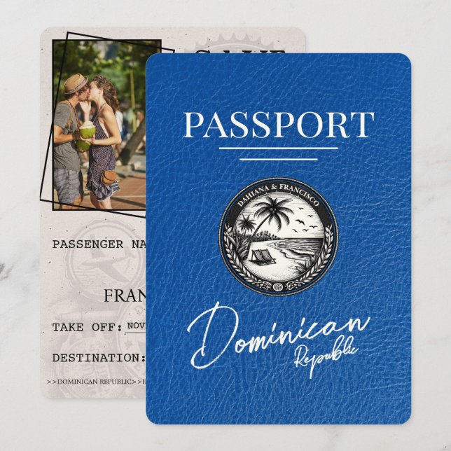 Royal Blue Dominican Republic Passport Save The Date (Front/Back)