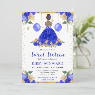 Royal Blue Dress Dark Skin Princess Sweet 16 Invitation