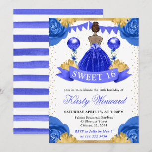 Royal Blue Dress Dark Skin Princess Sweet 16 Invitation