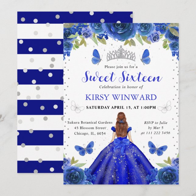 Royal Blue Dress Red Haired Princess Sweet 16 Invitation (Front/Back)