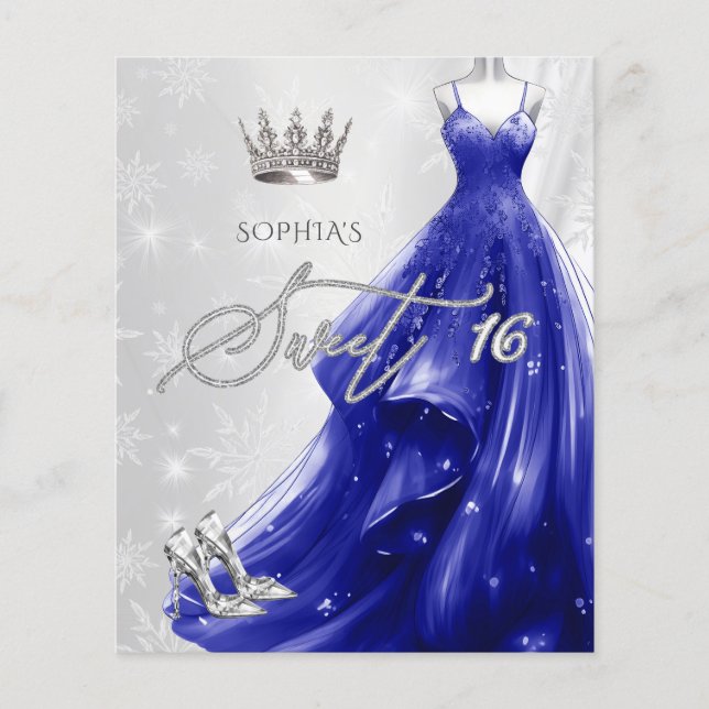 Royal Blue Dress Snowflakes Sweet 16 Invitation (Front)