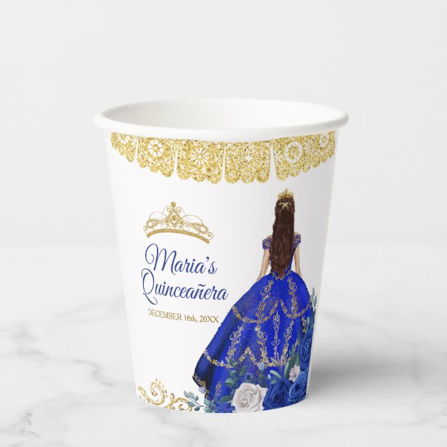 Royal Blue Dresses Quinceañera Crown Birthday Pape Paper Cups (Front)