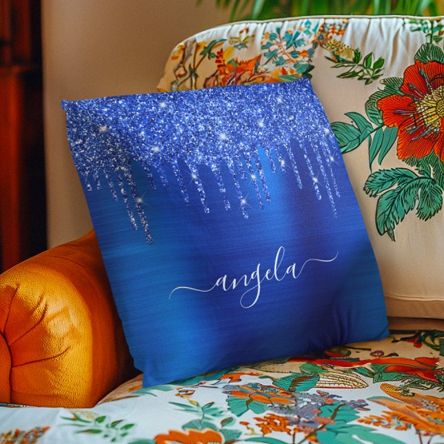 Royal Blue Dripping Glitter Glam Name Throw Pillow (Royal Blue Dripping Glitter Glam Name Throw Pillow)