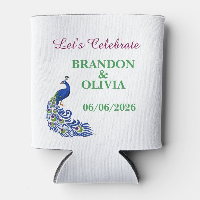 Royal Blue Elegant Peacock Wedding Can Cooler (Front)