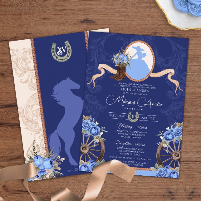 Royal Blue Elegant Rustic Western Quinceanera Invitation (Creator Uploaded)
