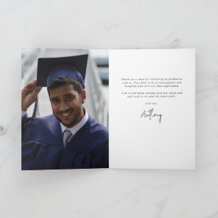 Royal Blue Elegant Script Graduation Photo+Message Thank You Card