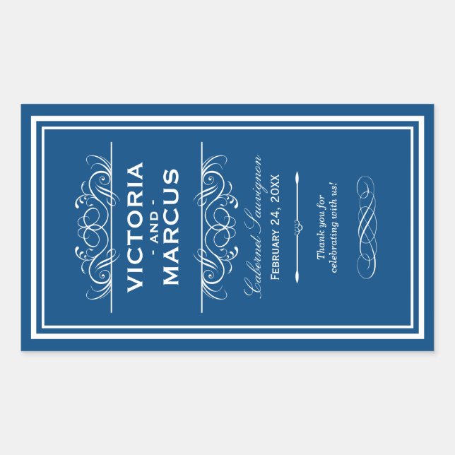 Royal Blue Elegant Wedding Monogram Wine Bottle Sticker (Front)