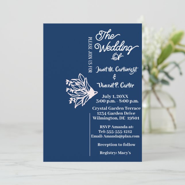 Royal Blue Elegant White Flower Wedding  Invitation (Standing Front)