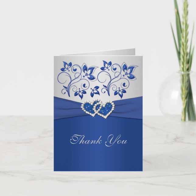 Royal Blue et Argent Coeurs unis Carte de remercie (Devant)