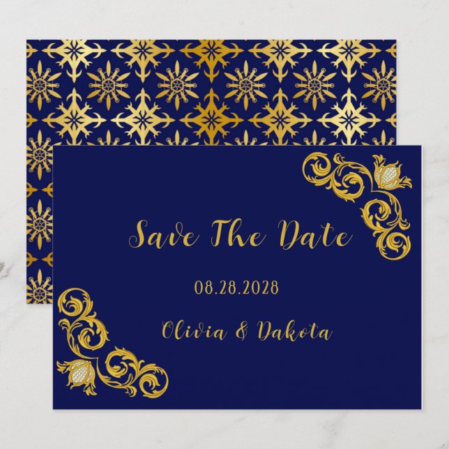 Royal Blue et Gold Wedding Enregistrer les Cartes  (Devant / Derrière)