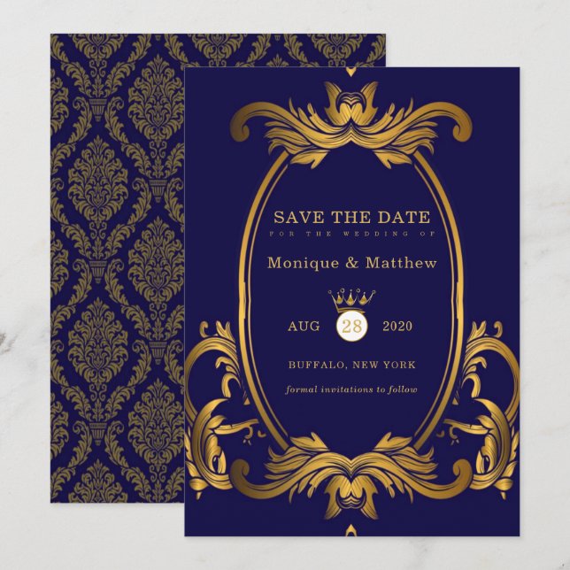 Royal Blue et Gold Wedding Enregistrer les Cartes  (Devant / Derrière)