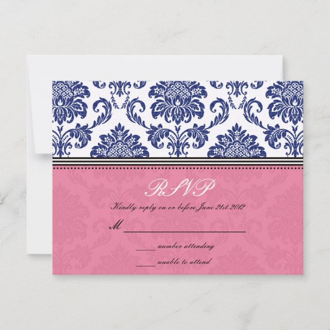 Royal Blue et rose Mariage damassé RSVP (Devant)