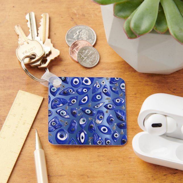 Royal Blue Evil Eye Charm Personalised QR Code Keychain (Desk)