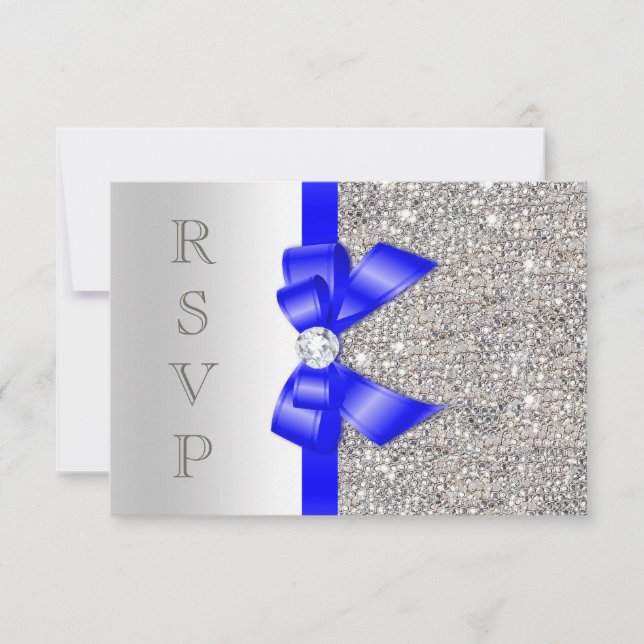 Royal Blue Faux Bow Silver Sequins Diamond RSVP Card (Front)