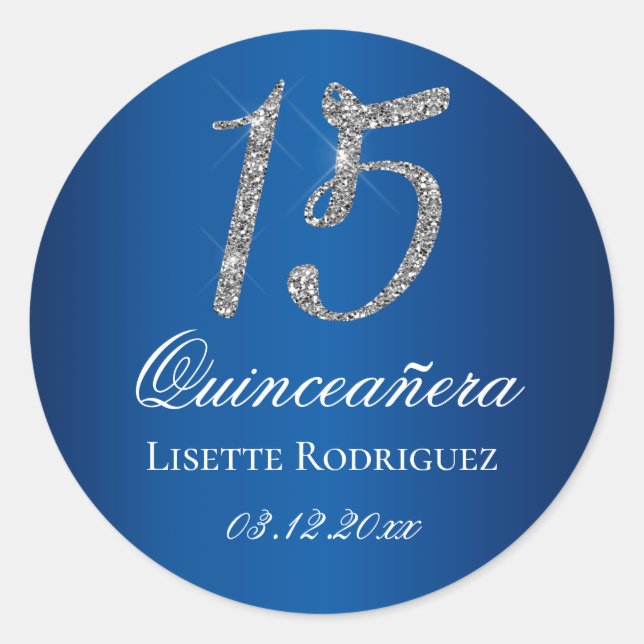 Royal Blue Faux Glitter 15 Quinceanera Classic Round Sticker (Front)