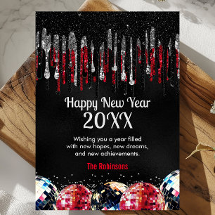 Royal Blue Faux Glitter Disco Ball Happy New Year Holiday Card