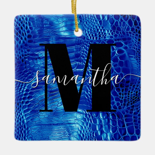 Royal Blue Faux Leather Monogram Photo Ceramic Ornament (Front)